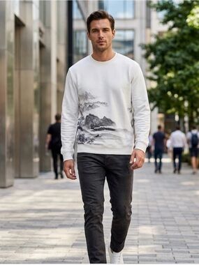 Men's White Graphic Crewneck Sweater